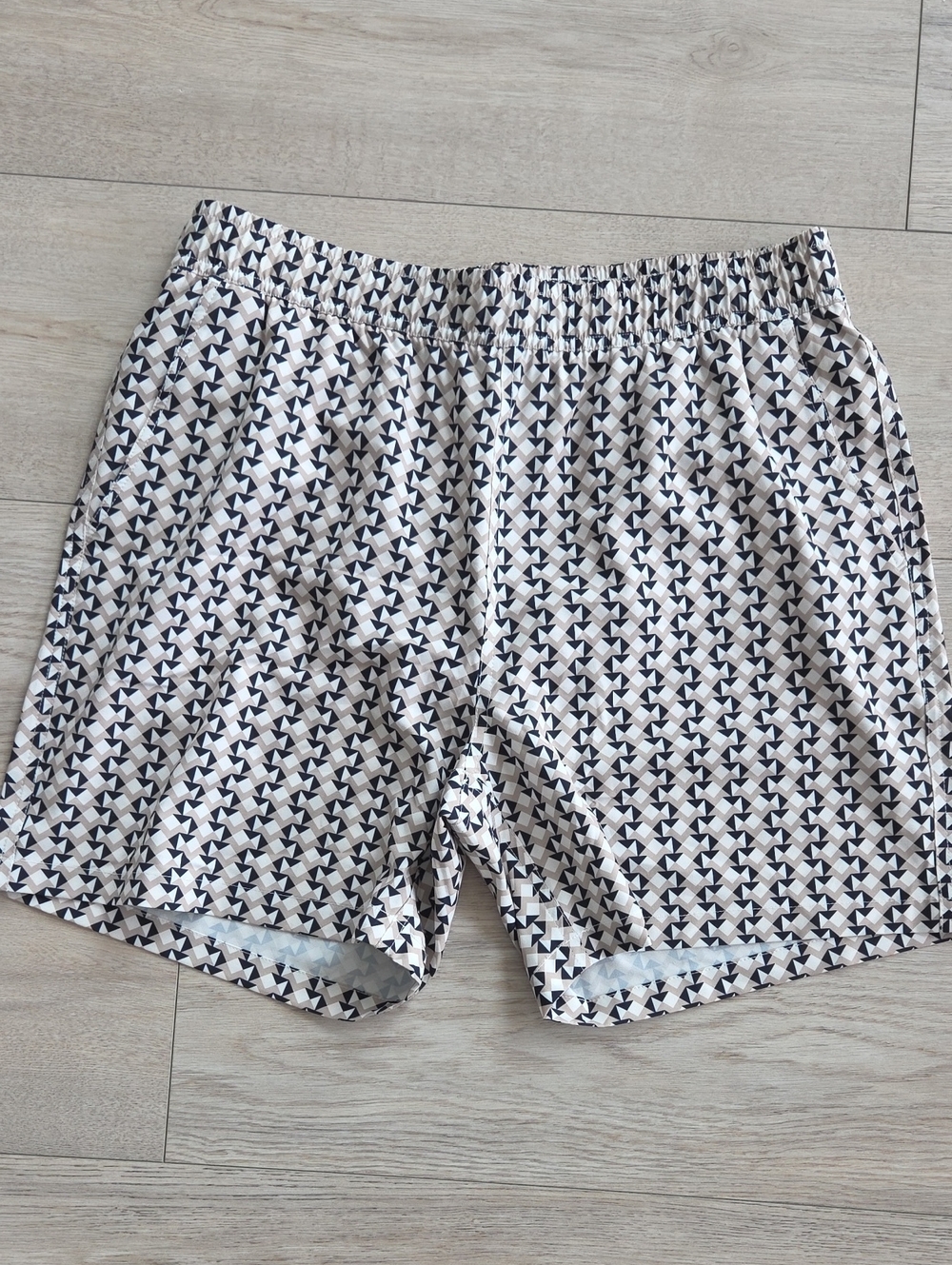 Simons Cream and Black Geometric Swim Trunks